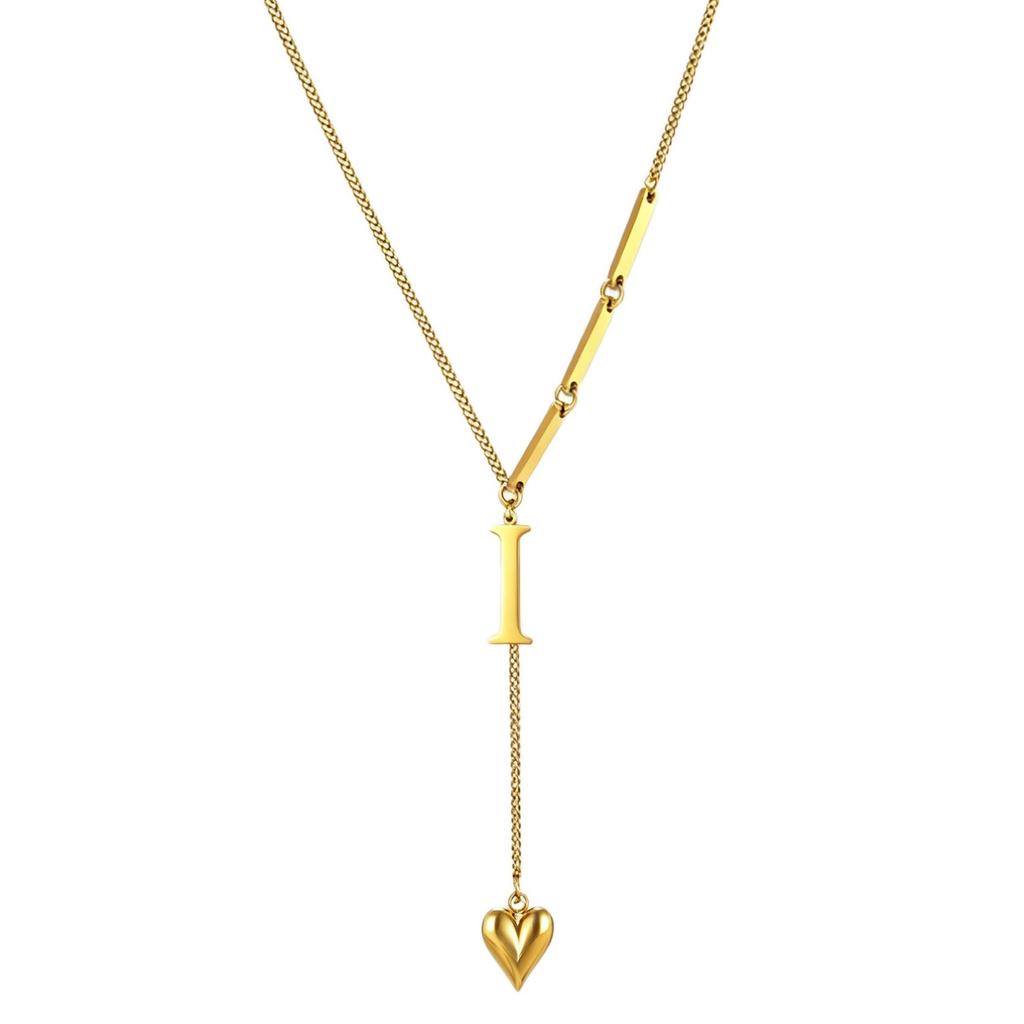Initial Letter Necklace Gold Plated Stainless Steel Puffy Heart Pendant A-Z Alphabet Lariat Y Choker Waterproof