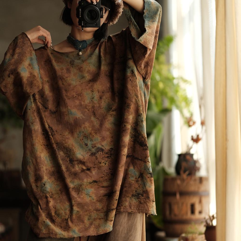 Floating Orchid: Retro Handmade Plant-Dyed Cotton Knit Loose T-Shirt One Size