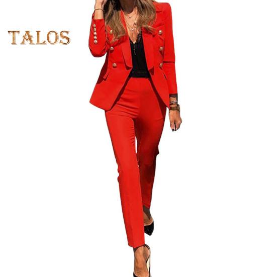 2 ks/sada Lady Formal Coat Kalhoty Set Dlouhé rukávy Knoflík Dekor Klopa Cardigan Bunda střední délky Rovná Vysoký pas Kalhoty Formální Business