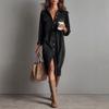 QICED Women's Fashion Solid Color Print Long Sleeve POLO Neck Casual Dresses