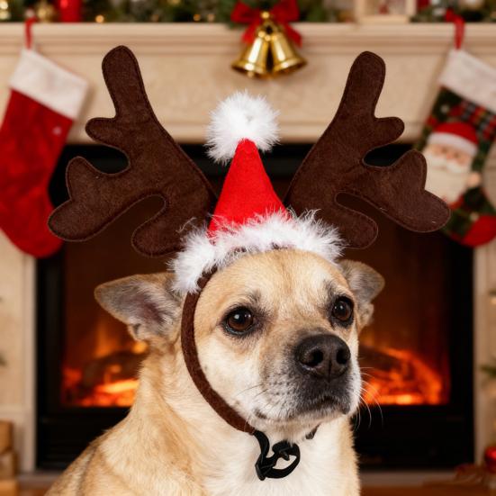 Christmas Horse Hat Reindeer Horn Headband Thick Red Velvet Santa Hat Deer Horn Hairband Xmas Horse Decoration Costume Accessories