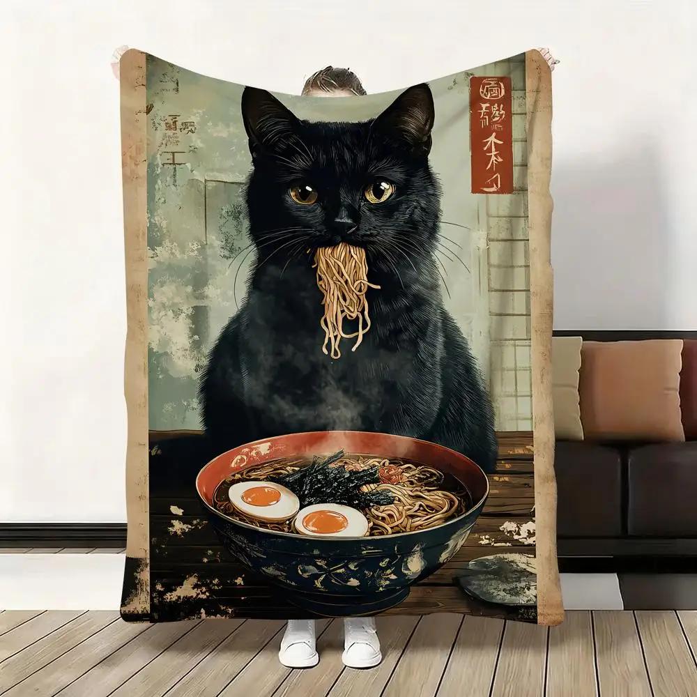 Black Cat Ramen Soft Flannel Blanket  Oversized Warm SkinFriendly Throw for Sofa Bed Office Travel  Winter Comfort