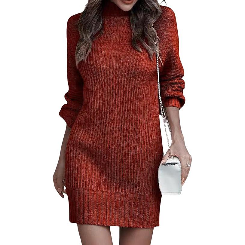 Women's Mock Neck Sweater Dres Long Lantern Sleeve Rib Knit Stretch Bodycon Sweater Dress