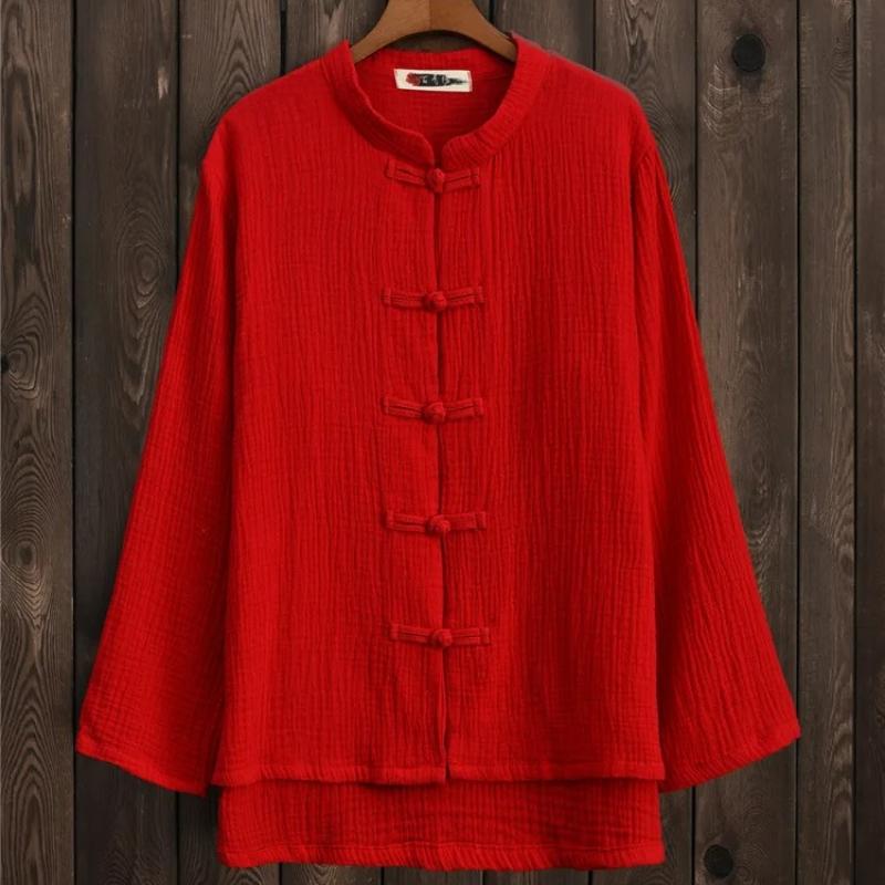 Spring Solid Color Stand Collar Full Sleeve Tops Women Vintage Single-breasted Cardigan Cotton Linen Shirts