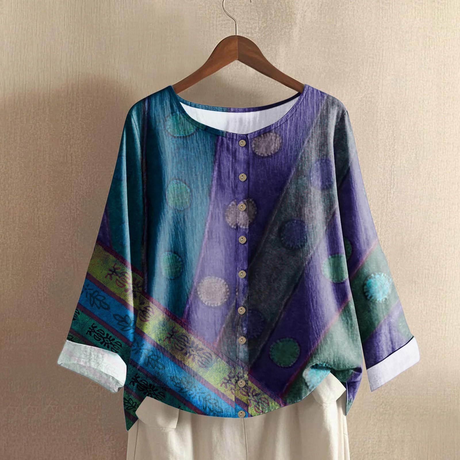 

Women s Casual Long-sleeved Round Neck Retro Geometric Print Cotton And Linen Top XXL
