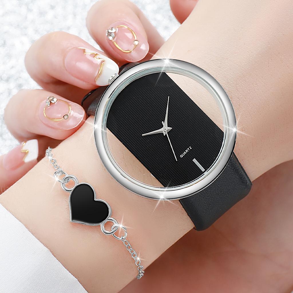 2PCS/Set Women's Watch Hollow Out Fashion Quartz Watch Analog PU Leather Wrist Watch with Heart Bracelet