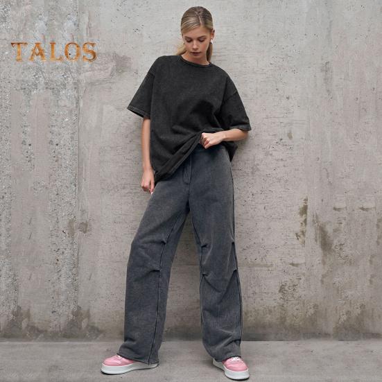 Damen T-Shirt Rundhals Kurzarm Loose Fit T-Shirt Einfarbig Washed Distressed Retro Pullover Tops Streetwear