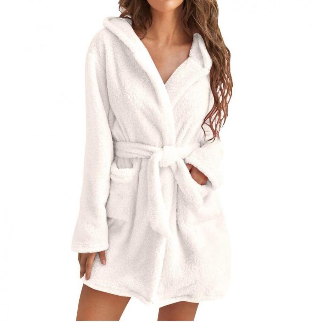 Autumn and Winter Hooded Home Plush Pajamas Short Sleeved Solid Color Warm, Nightgown