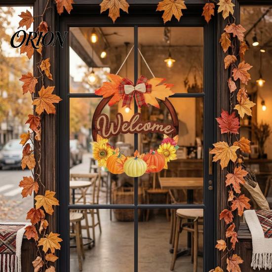 Rustic Farmhouse Wall Art Autumn Harvest Wooden Wreath Pendant, Front Door Hanging Ornaments with Hemp Rope, Natural Wood Fall Sign Pumpkins