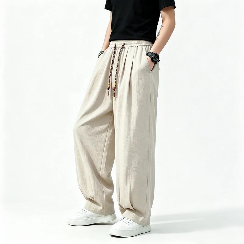 2026 Men New Chinese Style Imitation Linen Casual Pants Loose Lantern Harem Pants Elastic Waist Lightweight Trousers Streetwear