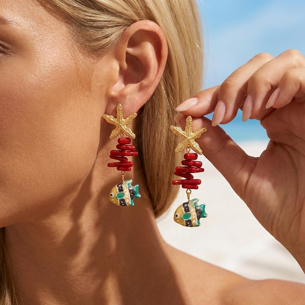 

Boho Ocean Theme Cute Ceramic Fish Drop Earrings For Women Textured Starfish Red Coral Stacked Earring Beach Vacation Zircon