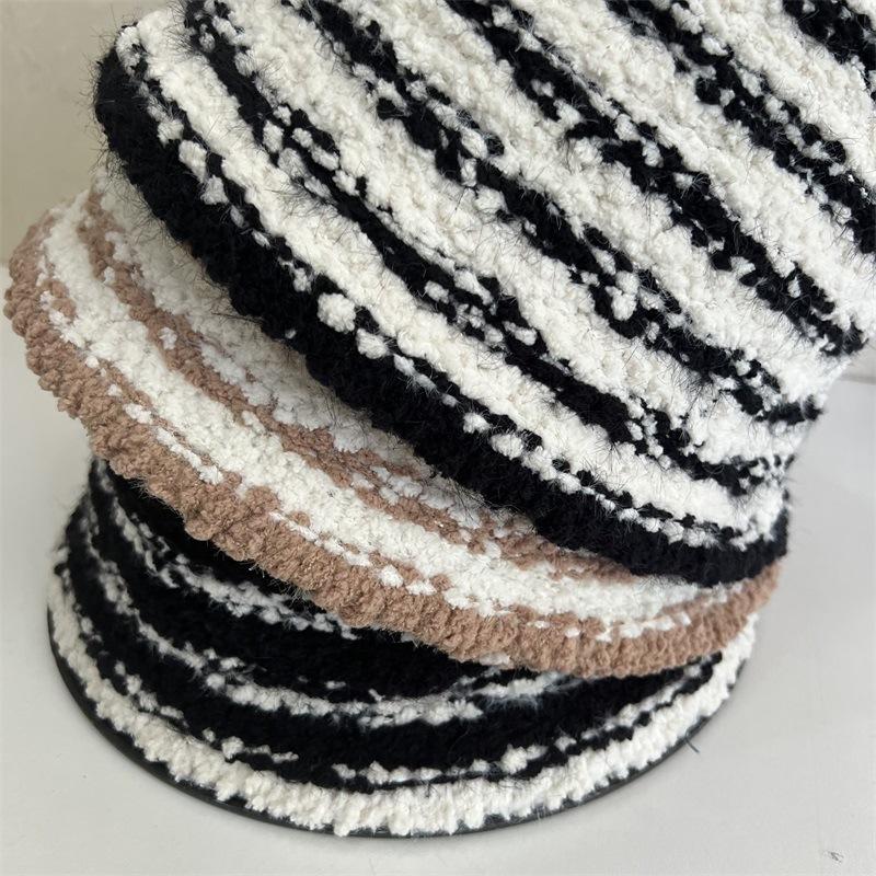 Autumn and Winter Black and White Striped Bucket Hat Women's Casual Breathable Bucket Hat Fashion Knitted Basin Hat Literary and Versatile Thermal Hat