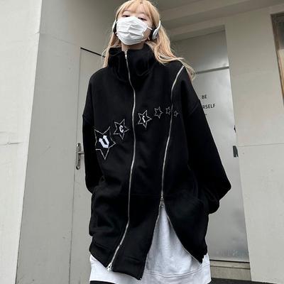 Harajuku Zip Up Hoodies Y2k Punk Star Print Loose Zipper Gothic Streetwear Hooded Sweatshirt Fashion Korean Kpop