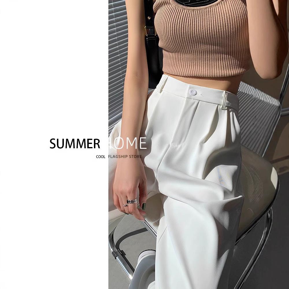 

High Waist White Wide Leg Pants - Women s Spring/Summer Slimming Straight Cut Casual Wear L (105-115 lbs)