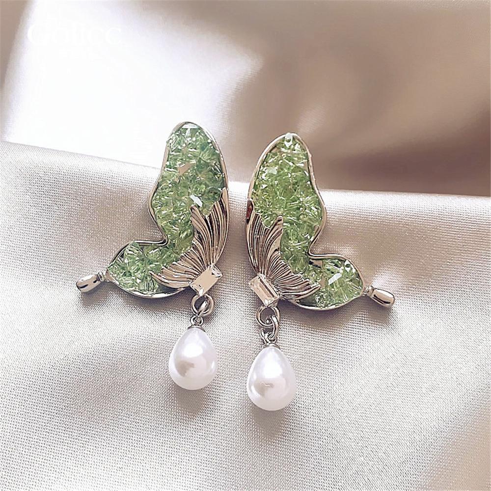 Cute Female Blue Green White Zircon Stone Silver Color Butterfly Stud Earrings Lovely Bridal Wedding Jewelry For Women