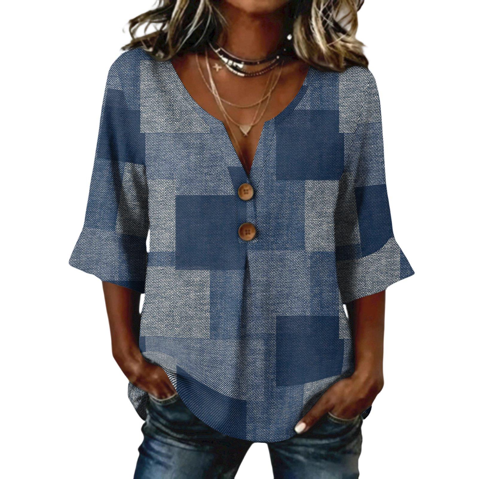 Ladies  plaid printed button casual V-neck fashionable seven quarter sleeve top XXL синий