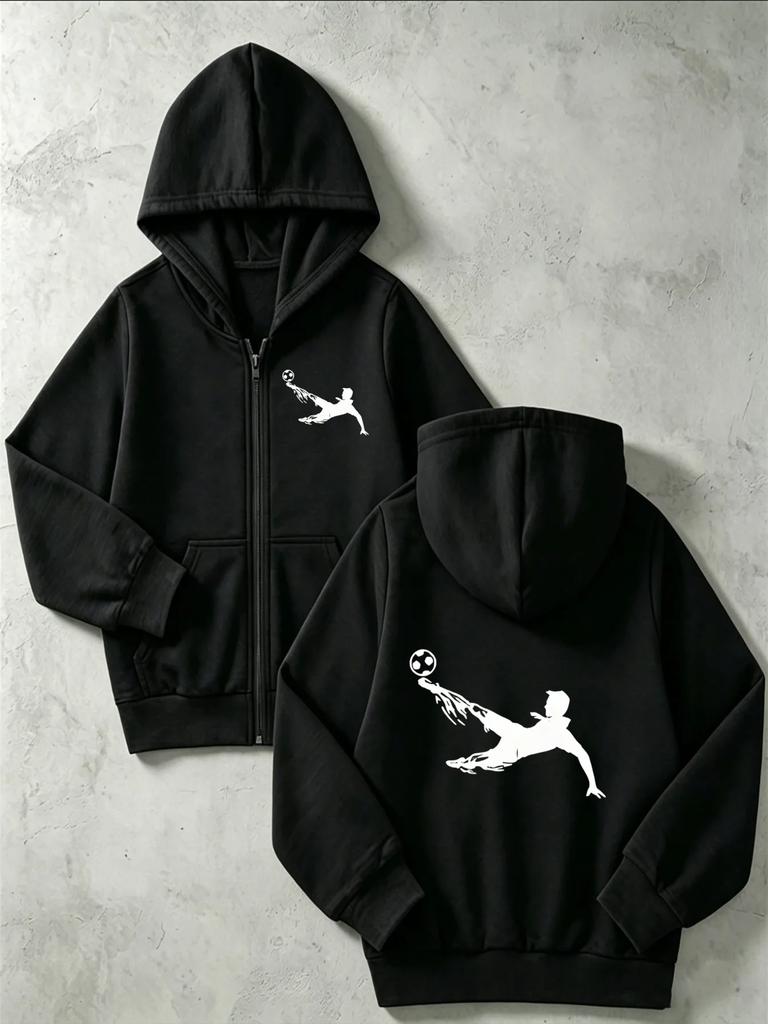Kids Soccer Player Silhouette Print Zip Up Hoodie Loose Long Sleeve Hooded Jacket Sports Casual Outerwear For Boys Girls