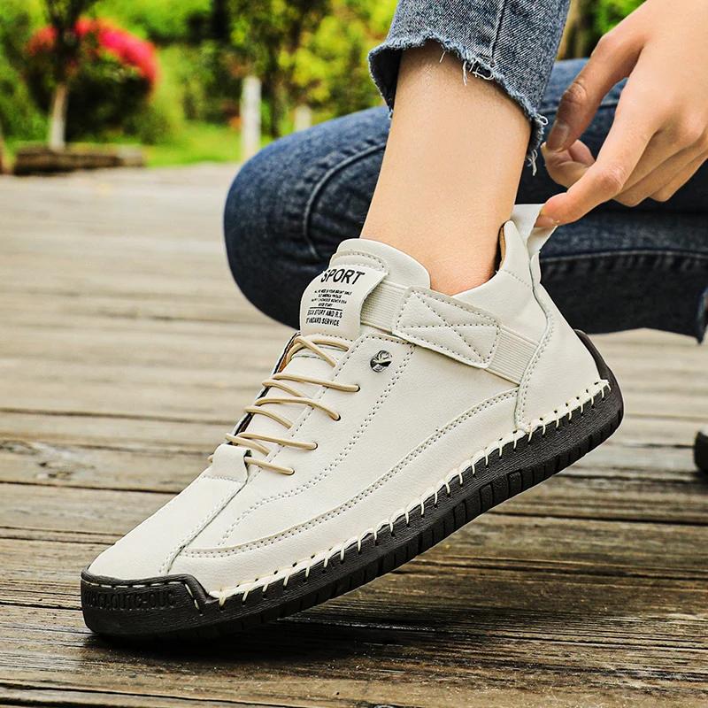 New Fashion Sneakers Handmade Leather Women's Shoes Mid-Top Women Casual Flats Shoes Slip on Loafers