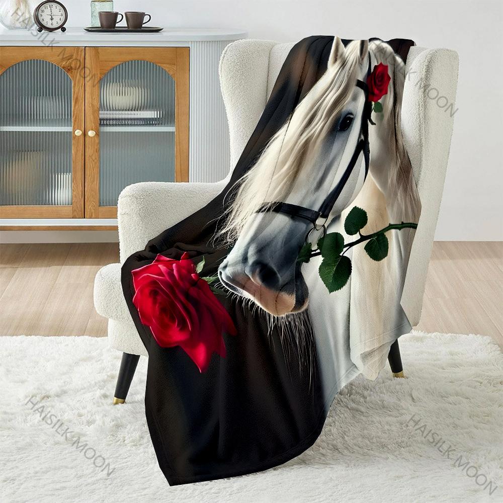 Horse holding a red rose Print Blanket Warm Soft for Sofa Bed Home Travel Camping Blanket All Seasons Luxury Gifts