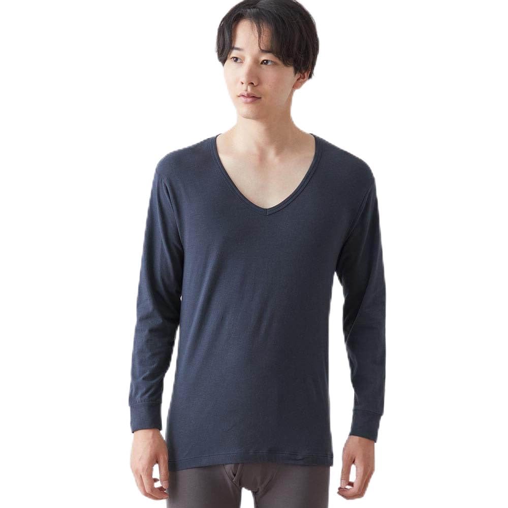 Belle Maison Long Sleeve Cotton Blend Warm Inner Night Size M Men's V-Neck Shirt, Hotcot, Navy,