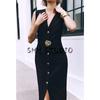 Summer New Fashion round Neck Sleeveless Metal Buckle with Belt Crepe Midi Skirt Dress 3897166