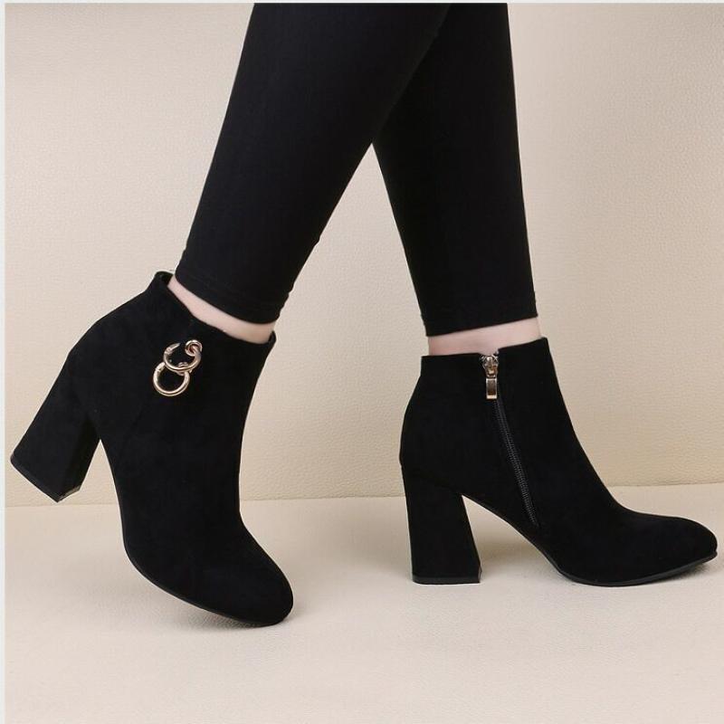Winter Coarse Heeled Women New Short Boot Retro Plush Warm Shoes Fashion Zipper Ankle Boots Comfort High Heels Women Shoe Botas