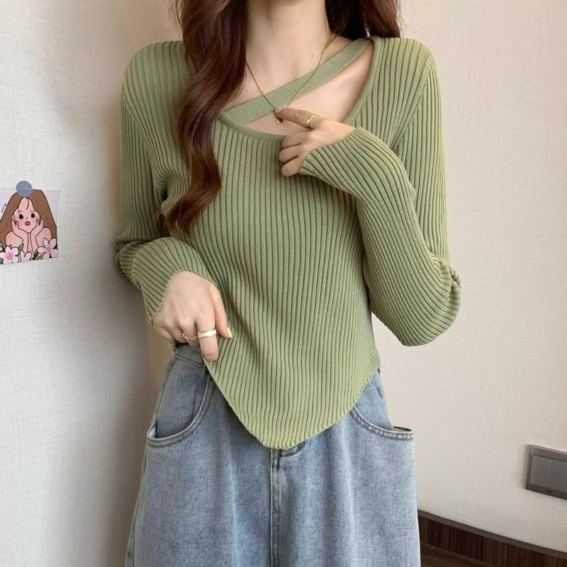 Autumn and Winter Thin Slim-fit Inside Long-sleeved Bottom Knitwear Trendy Design Sense Small Irregular Short Sweater Woman