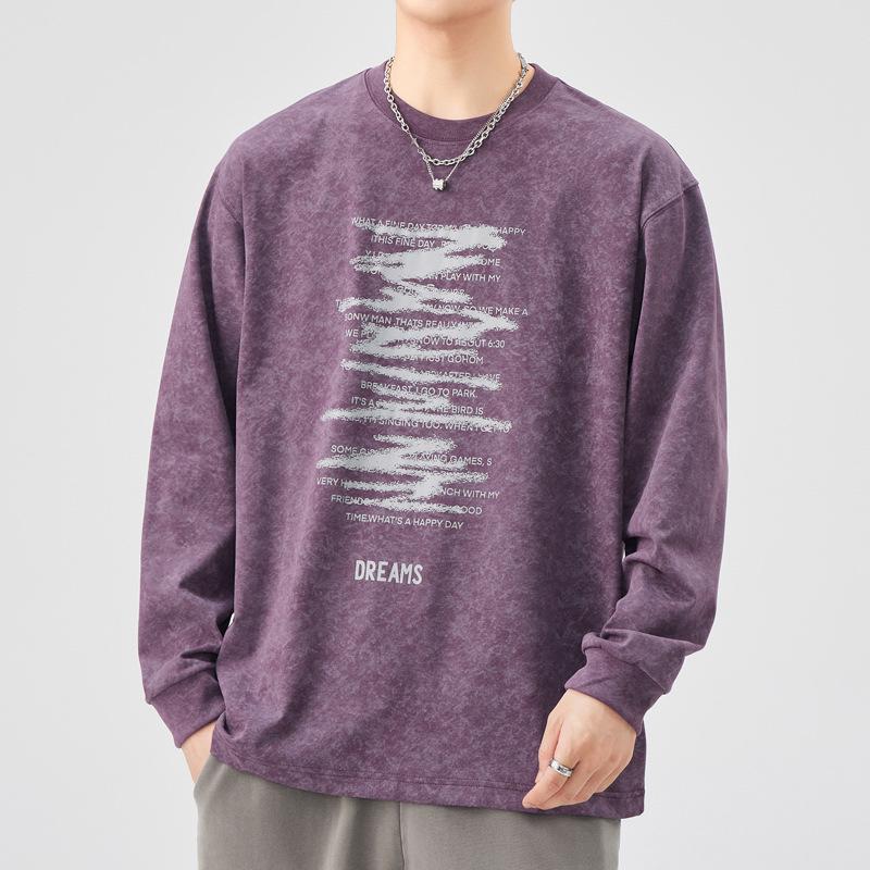 Men's Heavyweight Retro Washed Long-Sleeve T-Shirt - Autumn Edition, Loose Fit, Round Neck, Trendy American Print