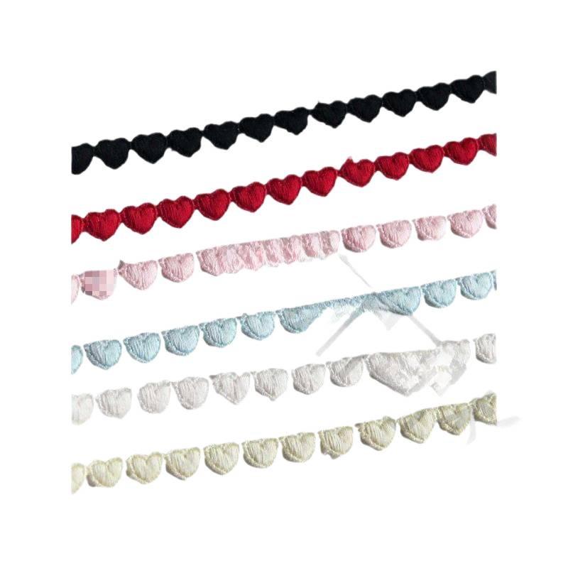 F22 Japanese Mercerized Cotton Embroidery Lace Trim with Small Heart Design, 0.8cm Width, for Skirt Hem Decoration and DIY Clothing.