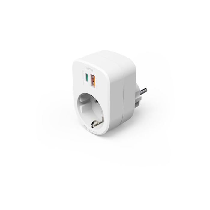 Regleta compacta - Hama - 3 tomas - 1 USB-C PD - 1 USB-A - 30 W - Blanco - Rectangular - 5.1x7.5x0.1 cm - Ligera