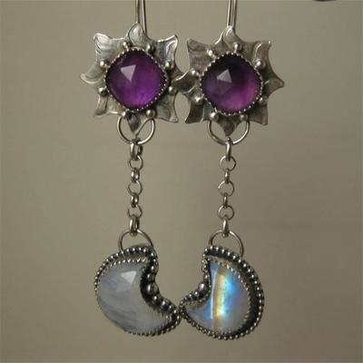 Vintage Round Purple Stone Flower Earrings Originality Copper Color Carving Moon Stickers Dangle Earrings for Women