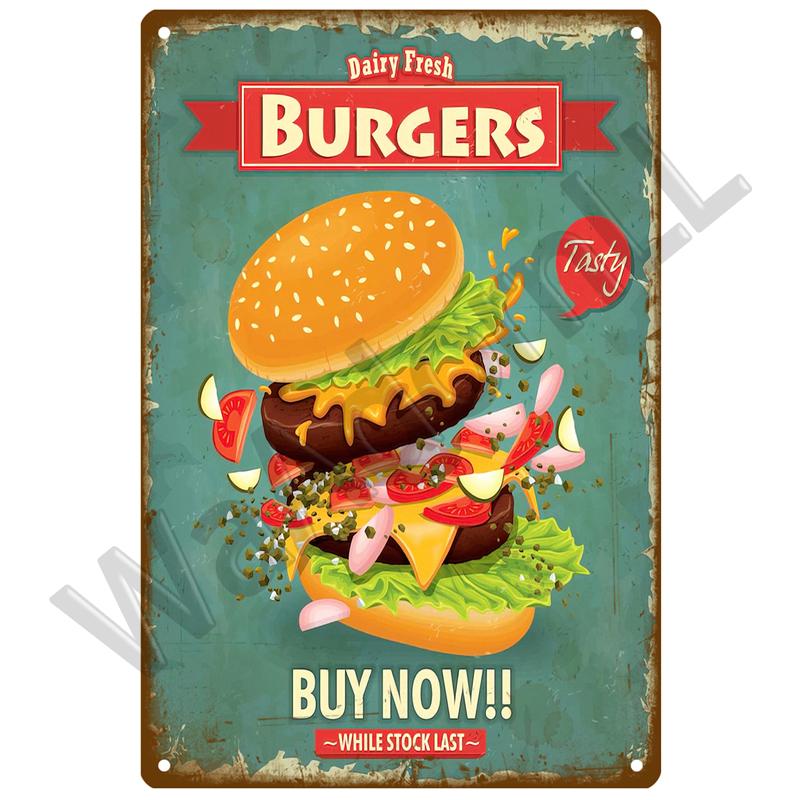 Metal Sign Home Decor Fast Food Vintage Tin Sign Plaque Metal Retro Plate Hot Dog Poster Wall Decor For Kitchen Cafe Diner Bar