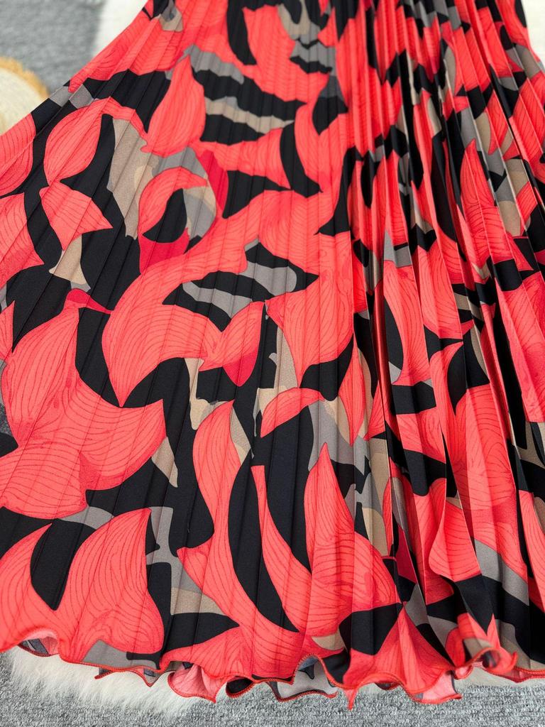 European & American Printed Pleated A-line Midi Skirt for Women - High-waisted, Versatile & Slimming