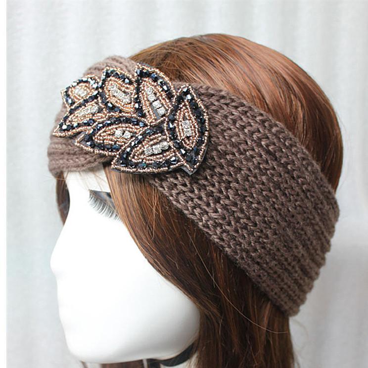 Women Rinestone Winter Headband Warmer Ear Knitted Wool Head Bands Turban Head Wrap Girl Bead Hairband Headwear Hair Accessories