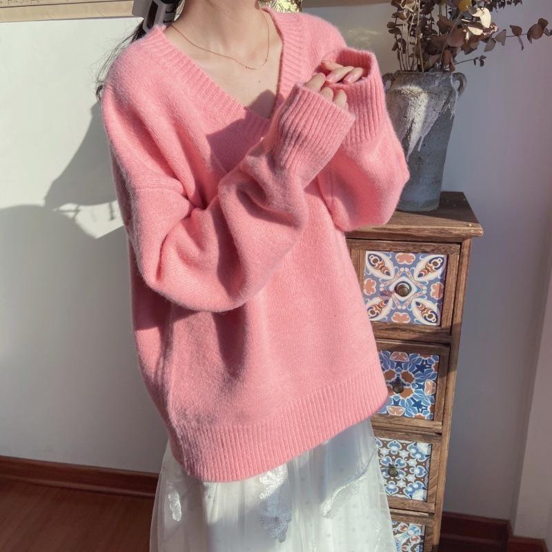 Mohair Gentle Jumper Sweater Women's Fall and Winter V-neck Pullover Loose Lazy Wind Soft Knitted Long-sleeved Blouse
