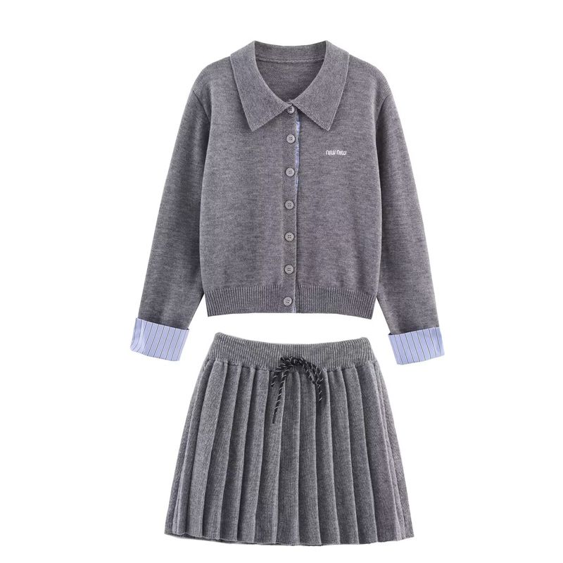 Kaslead New Women Clothes Western Style Fashion Simple Embroidered Knitted Long Sleeve Top Skirt Set