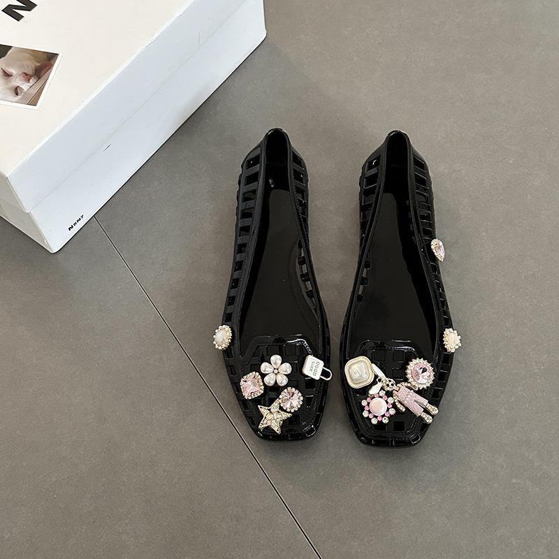 Korean Version Design Square Head Hollow Flat Sandals Women's Summer Fashion Versatile Exquisite Crystal Shoes Beach Shoes Single Shoes