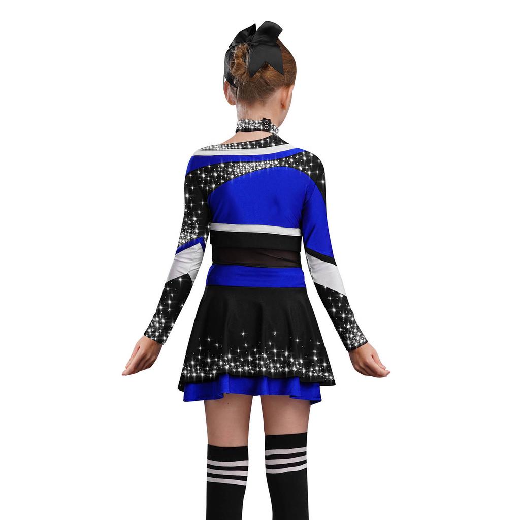 Girls Stage Performance Costume Long Sleeve Letter Print Shiny Rhinestones Color Block Cheerleading Set