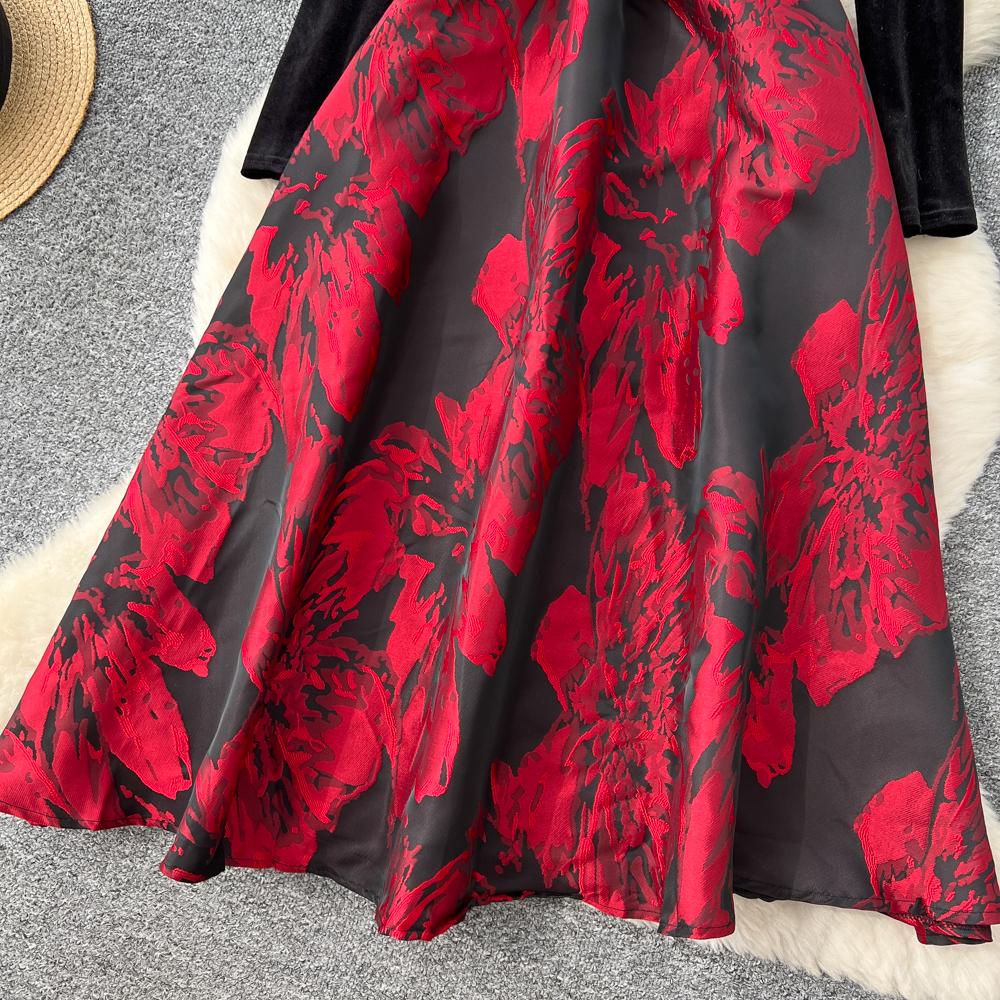 Robe de Luxe en Velours Style Français Col V Manches Longues Ceintures Épissure Jacquard Automne Femmes Imprimé Floral Fête Robe Maxi