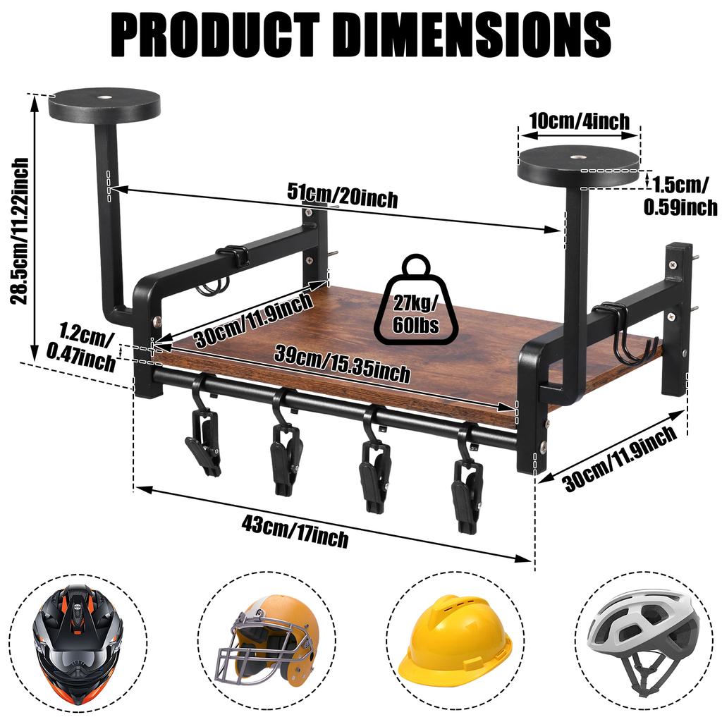 Helmet Holder Wooden Wall Mount Motorcycle Helmet Display Stand with 4 Clip and 2 Hook Multi-purpose Riding Suits Storage Rack