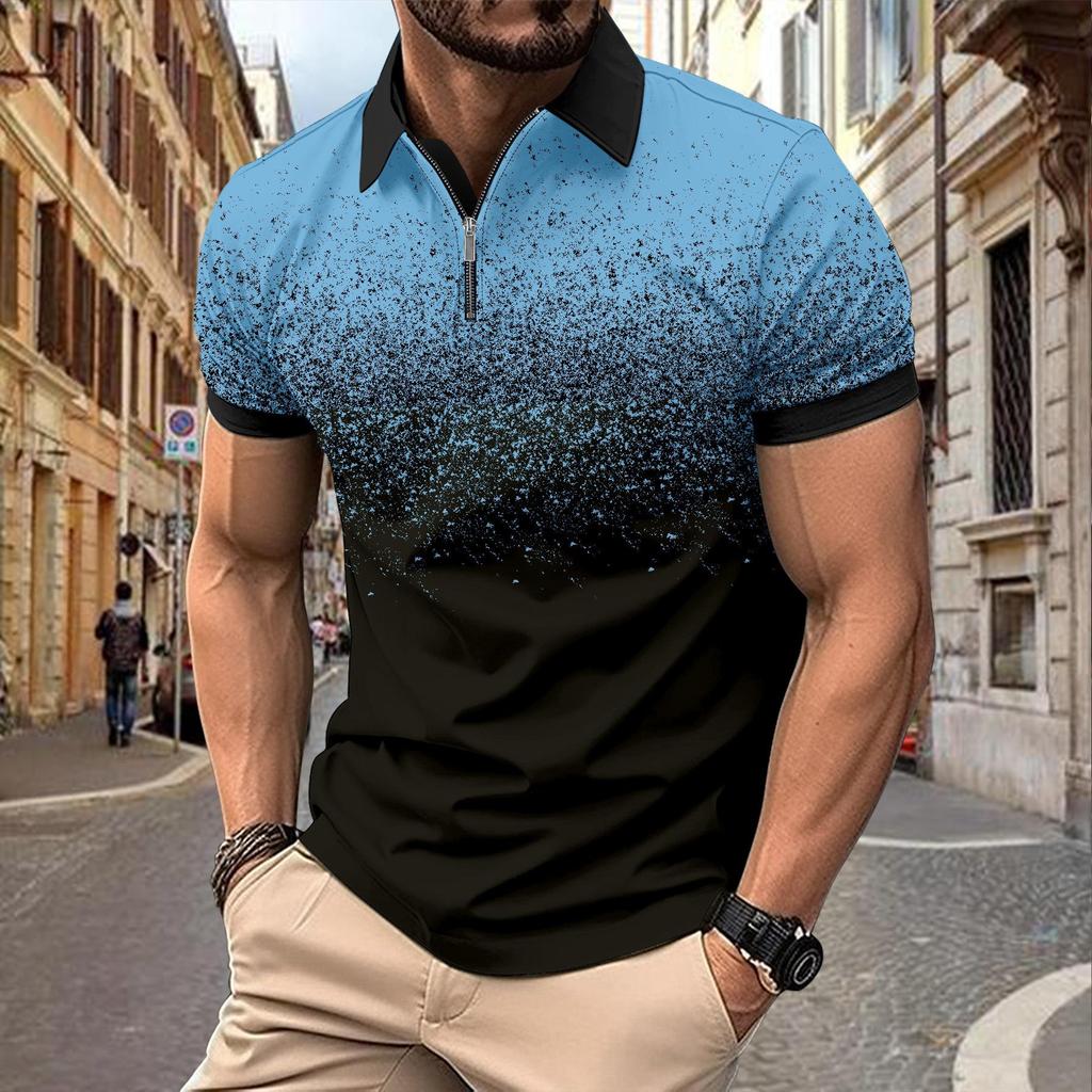 Summer Flat Cloth Polo Shirt Zip Men's Printed Crushed Dot Polo Shirt Men's Short Sleeve T-Shirt Top