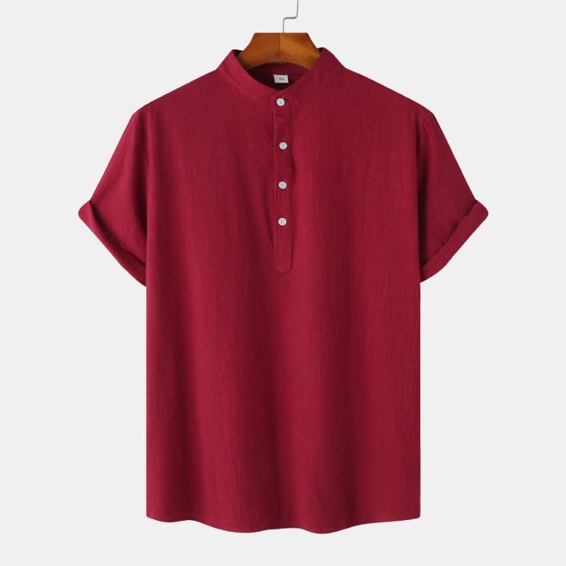 Summer Men's Cotton Linen Stand Collar Casual Short Sleeved Shirt Beach T-shirt Shirt Men's Clothing