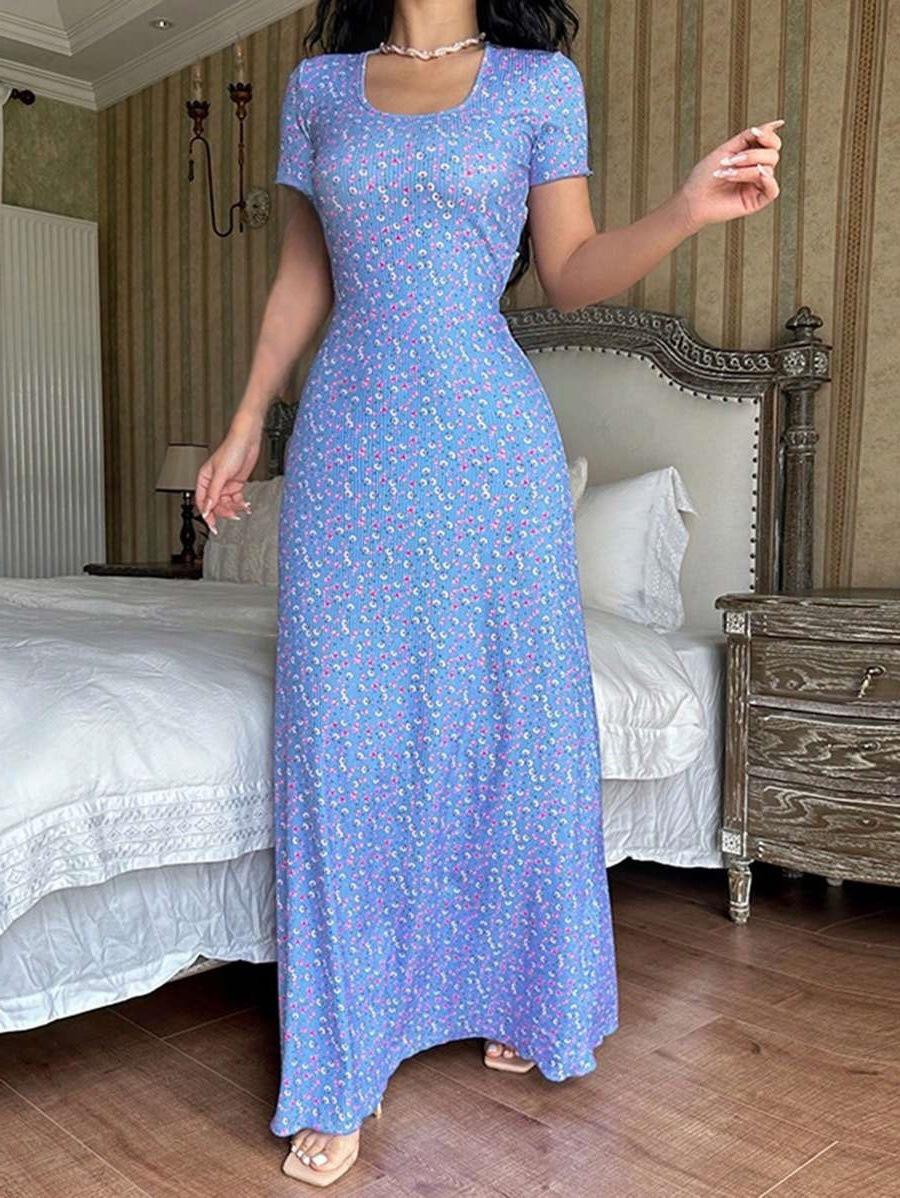 2026 Summer Women s Fashion U-Neck Printed Dress with Back Tie S