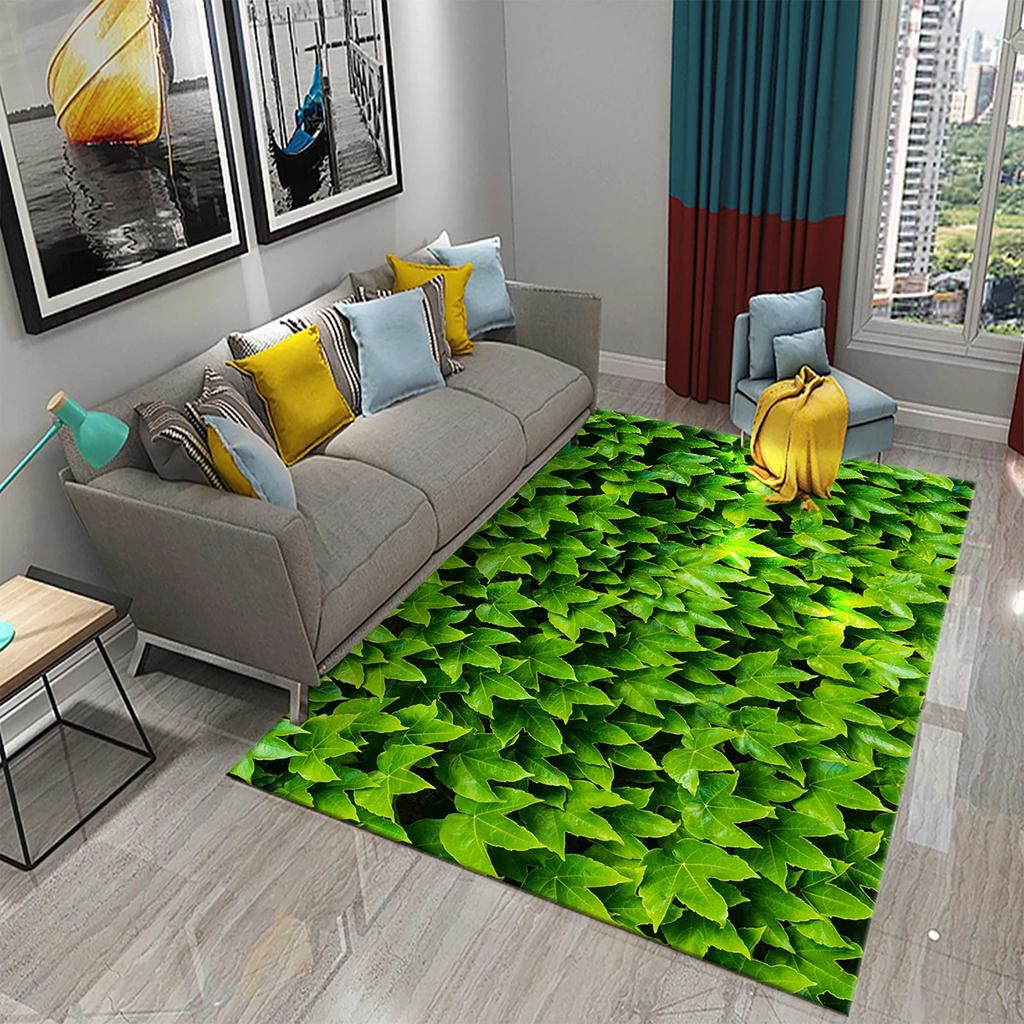 Green Leaves Carpet Natural Landscape Rug Black Rectangle Area Rugs for Adults Yoga Mats Bedroom Living Room Decor Soft Door Mat