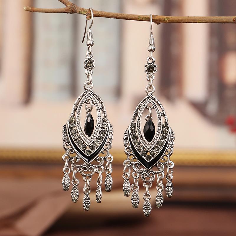 Bohemian Ethnic Colorful Rhinestone Acrylic Drop Earrings for Women Vintage Long Antique Silver Color Tassel Earrings Jewelry