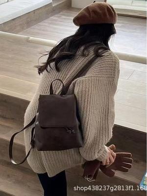 Xiaohongshu-Style Retro Brown Backpack: Fashionable, Versatile, Simple, Campus-Ready Literary Bag for Women.