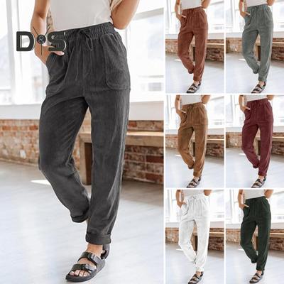 Women Corduroy Pants High Waist Baggy Drawstring Elastic Waist Casual Trousers Loose Fit Straight Leg Pockets Work Pants