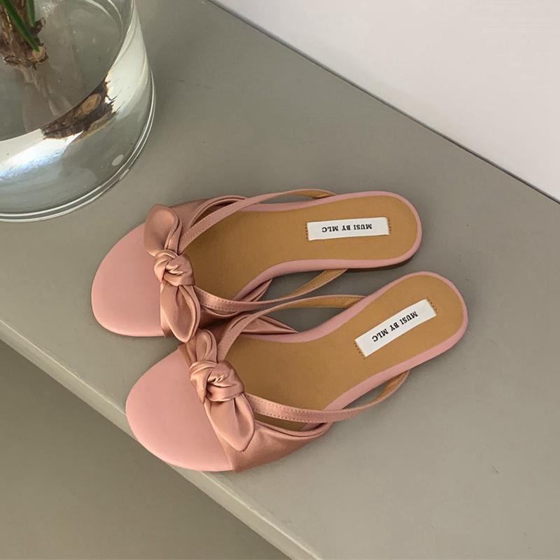 Fashion SUOJIALUN 2025 Summer New Brand Women Slipper Fashion Bow-knot Slip On Ladies Sandal Shoes Flat Heel Outdoor Casual Dress Slide