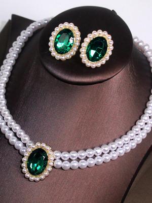 3 Pieces of Women's Trendy Double Row Pearl Emerald Earrings Necklace Jewelry Set Wedding Banquet Party Holiday Gifts
