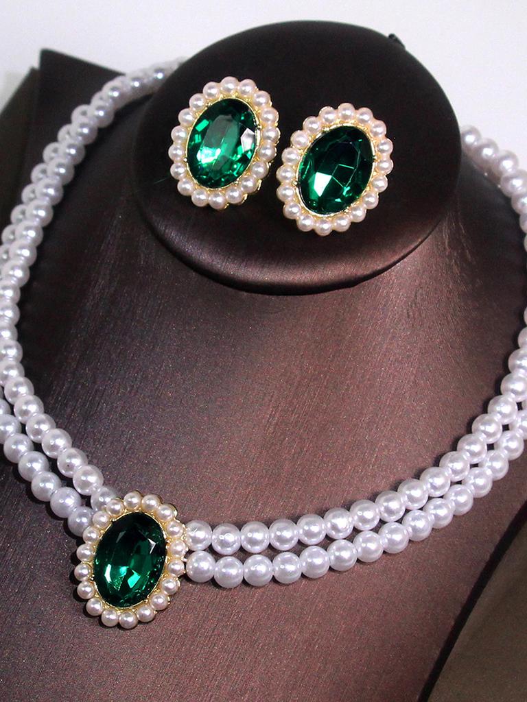 3 pieces of women's trendy double row pearl emerald earrings necklace jewelry set wedding banquet party holiday gifts